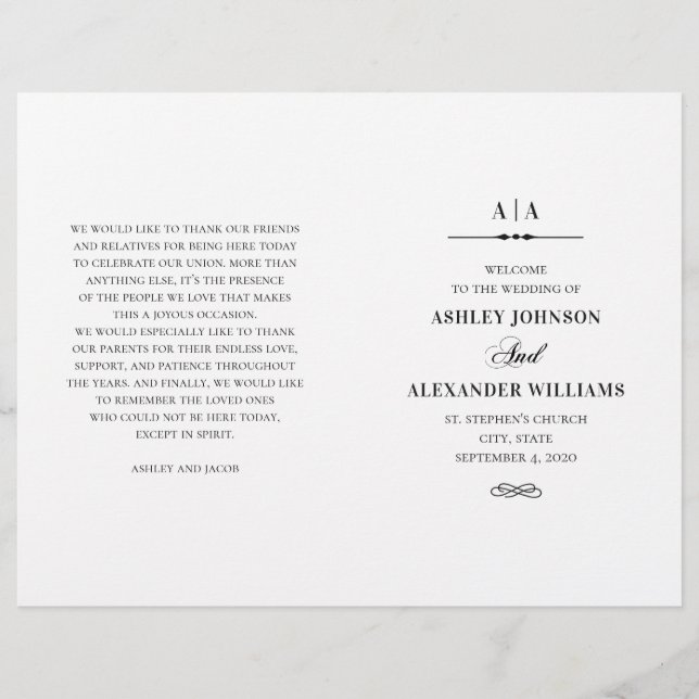 Boda elegante. Programa plegado en blanco y negro (Anverso)