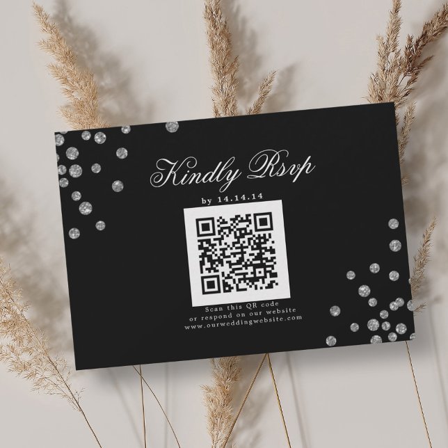 Boda elegante QR RSVP Confeti plateado Negro (Elegant Wedding QR RSVP Silver Confetti Black)