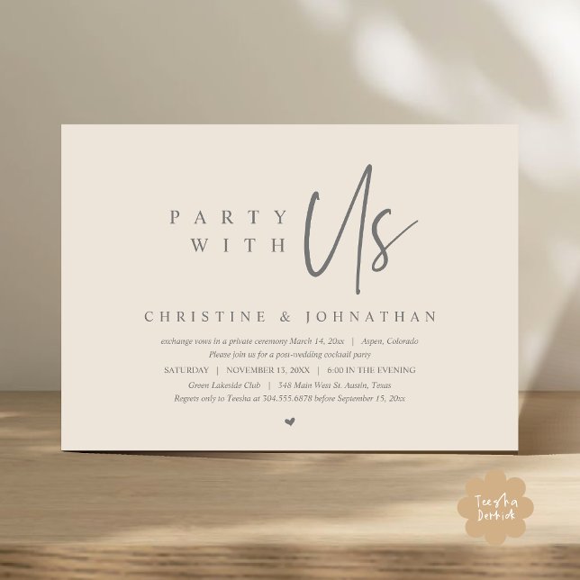 Boda Elopement, Fiesta con nosotros Invitación (Party with us Modern Casual Wedding Elopement Dinner Party Dancing Invitation Card PDF Cream Grey)