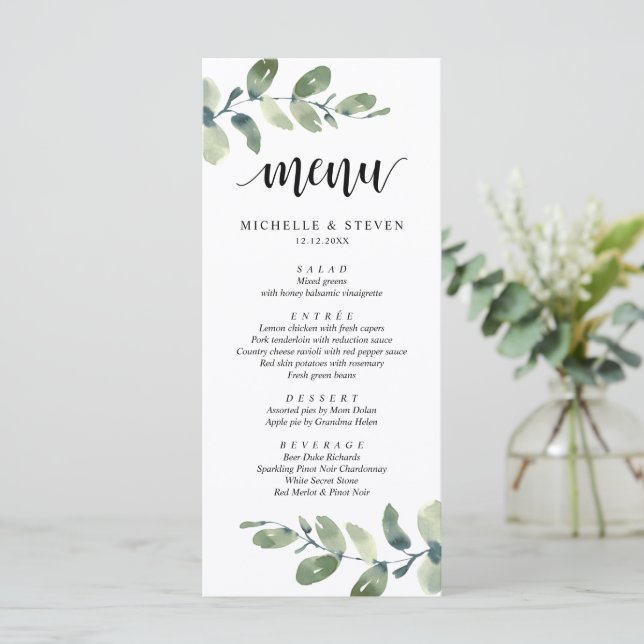 Boda Elopement Menú de cena Eucalyptus Greenery (Anverso de pie)