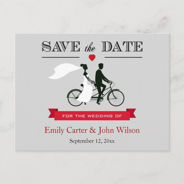 Boda en bicicleta tándem Guardar la postal de fech (Anverso)