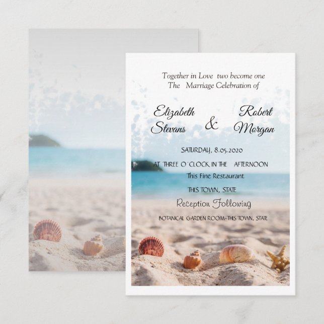 Boda en la playa, arena, invitación a las casetas (Anverso / Reverso)
