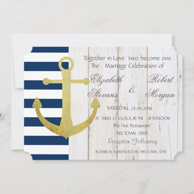Boda en la Playa Invitación de Oro con Ancla, Raya (Anverso)