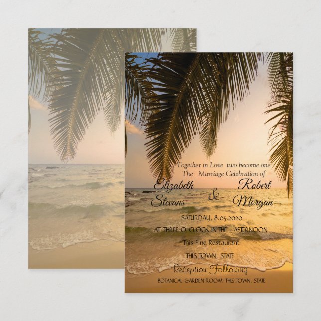 Boda en la Playa, Invitación de Puesta de Sol con  (Anverso / Reverso)