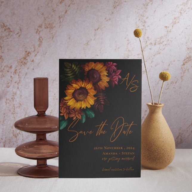 Boda en monograma de Naranja quemado negro salva l (Black Burnt Orange Elegant Wedding Save the Date Invitation)
