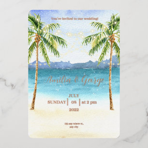Boda en Playa Tropical Invitación Relieve metaliza