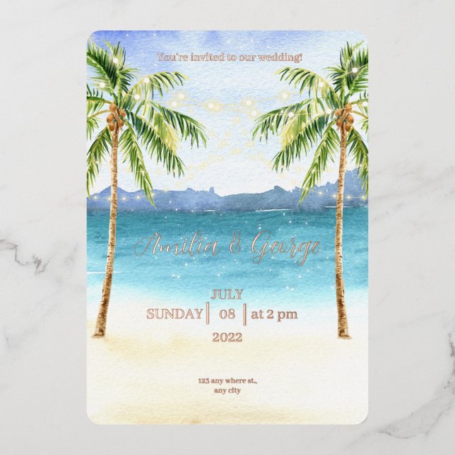 Boda en Playa Tropical Invitación Relieve metaliza (Anverso)