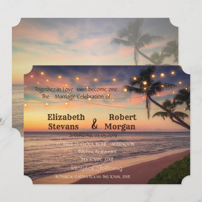 Boda en Sunset Beach, Palmeras, Luces Invitación (Anverso / Reverso)