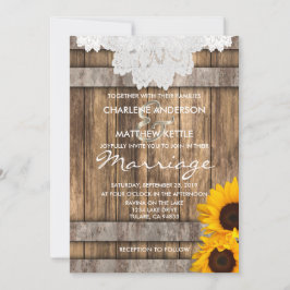 Boda en una invitación rústica de madera y encaje