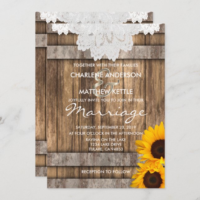Boda en una invitación rústica de madera y encaje (Anverso / Reverso)
