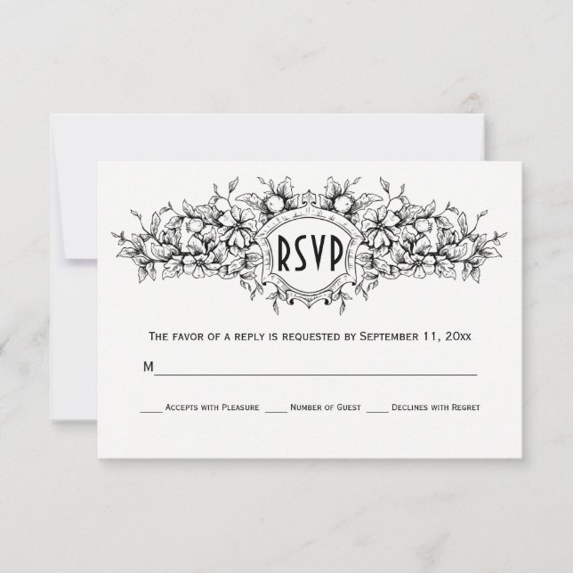 Boda escudo heráldica floral blanca y negra RSVP (Anverso)