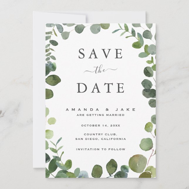 Boda Eucalyptus Plano Guardar la tarjeta de fecha (Anverso)