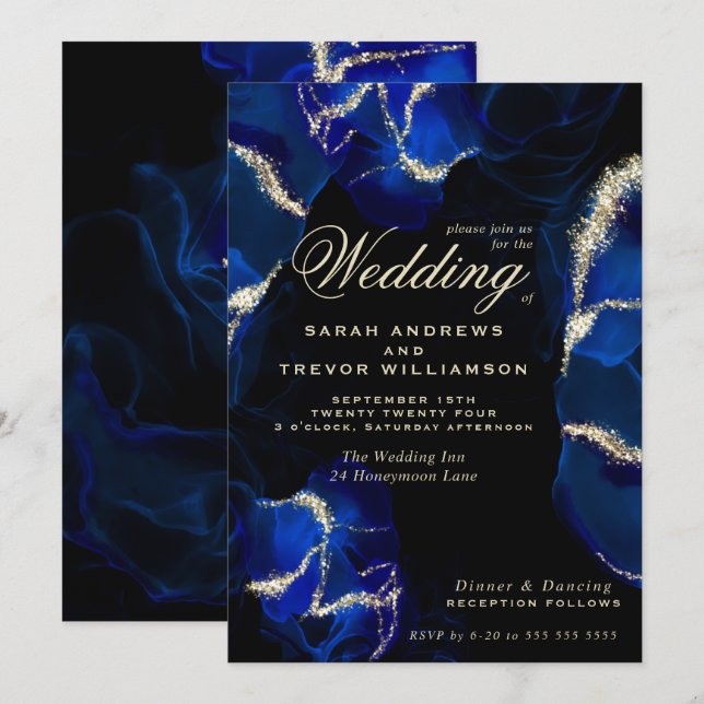 Boda | Exótica invitación real de tinta azul de al (Anverso / Reverso)
