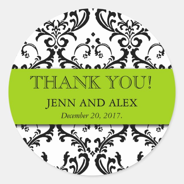 Boda Favor Damask Gracias Pegatinas Green (Anverso)