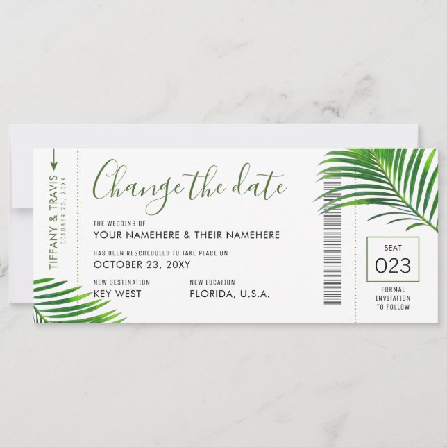 Boda Fecha Cambio de tarjeta de embarque Palm Trop (Anverso)