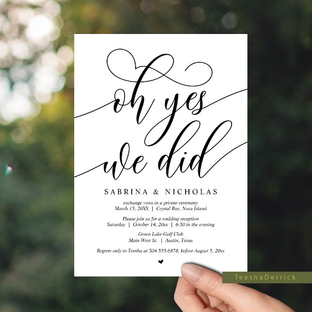 Boda Fiesta Elopement, Oh Sí, Hicimos Invitación (Oh Yes, We Did, Wedding Elopement Party, Dinner and Dancing Invitation Card, in Modern Calligraphy.)