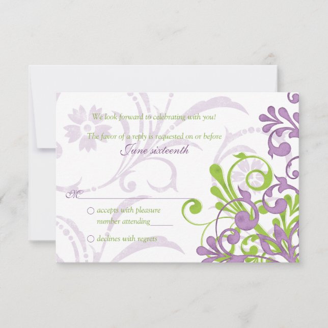 Boda floral abstracta verde morado RSVP (Anverso)