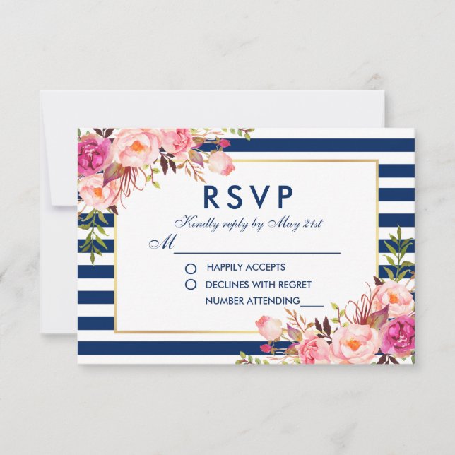 Boda Floral acuarela Bandas azules rosadas RSVP (Anverso)