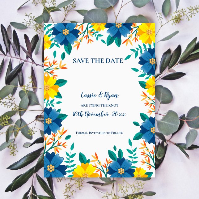 Boda floral amarilla azul bonito salva la fecha (Pretty Blue Yellow Floral Wedding Save the Date)