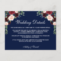 Boda Floral Azul Borgoña Detalles Insertar Tarjeta