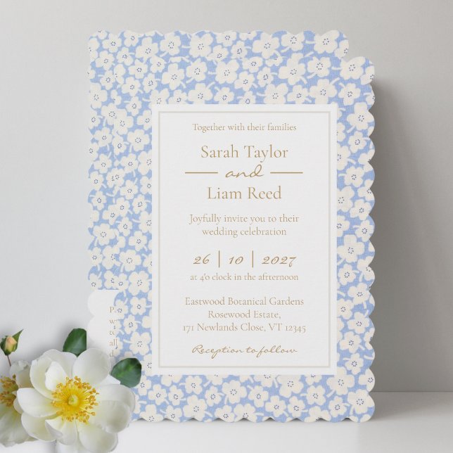 Boda floral azul de moda RSVP QR & Invitación (Subido por el creador)