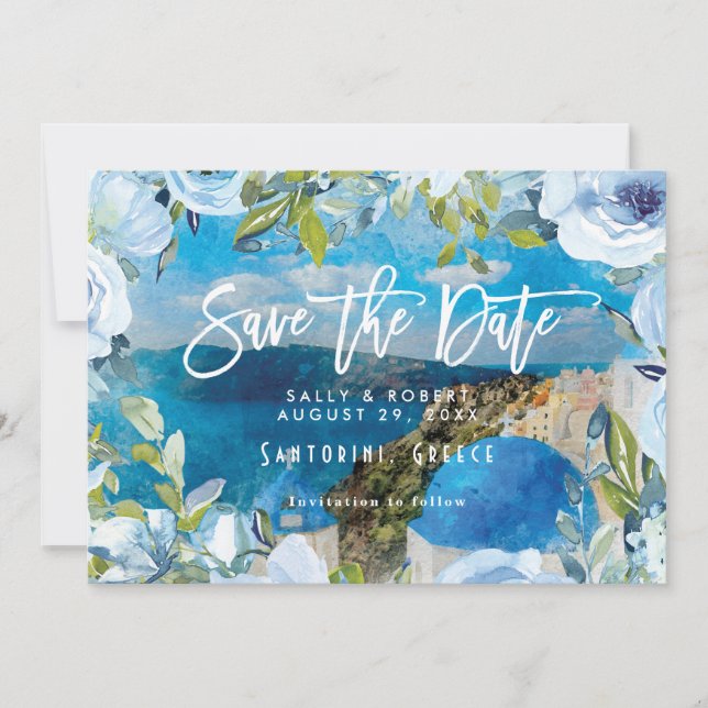 Boda floral azul de Santorini salva la tarjeta de  (Anverso)