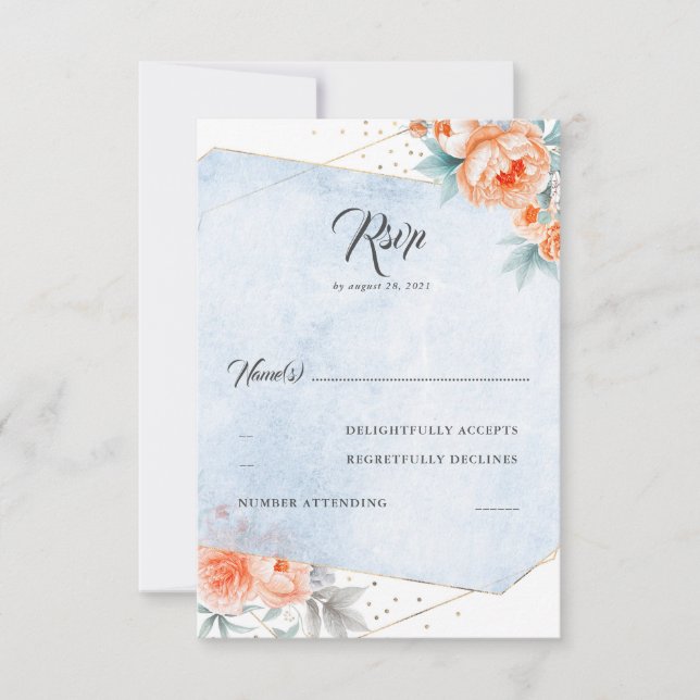 Boda Floral Azul Dusty de coral vivo RSVP (Anverso)