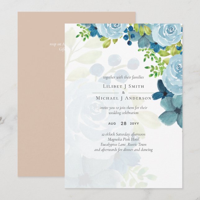 Boda Floral Azul Dusty Presupuestario (Anverso / Reverso)