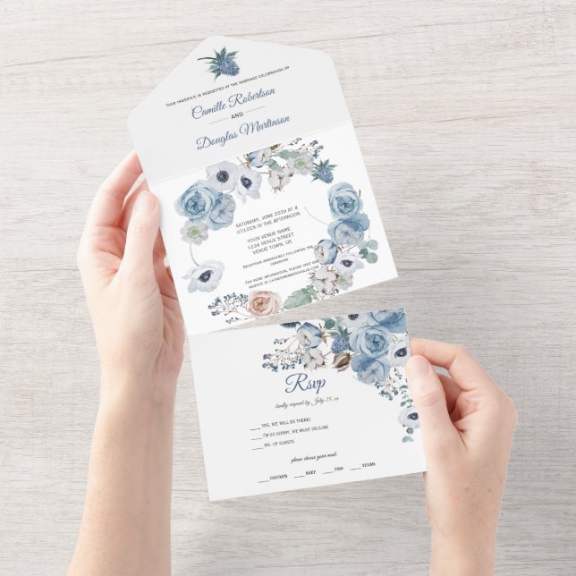 Boda Floral Azul Dusty | Todos En Una Invitación (desgarro)