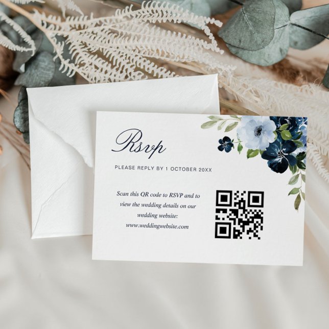 boda floral azul marino código QR tarjeta rsvp (Subido por el creador)