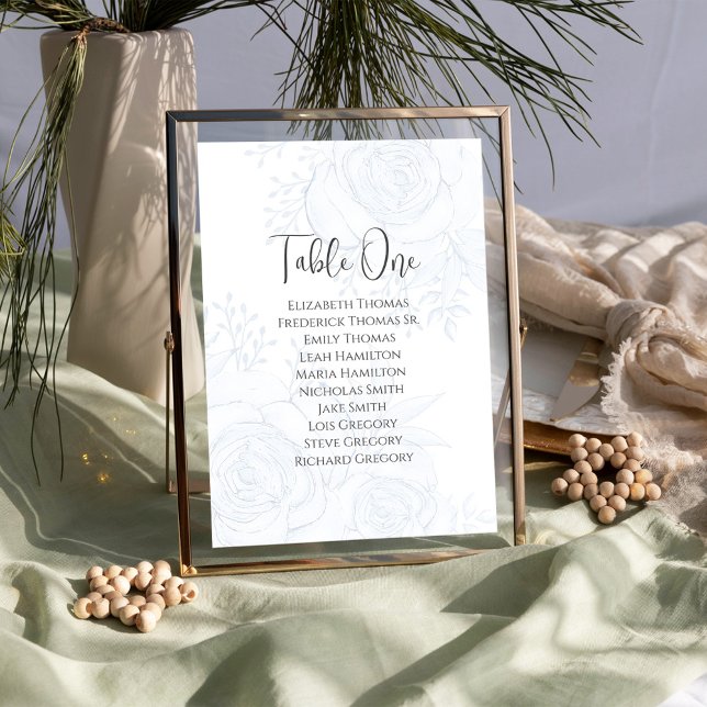 Boda Floral Azul Número de tabla Personalizado (Elegant Wedding table number sign with guests names and table number. )