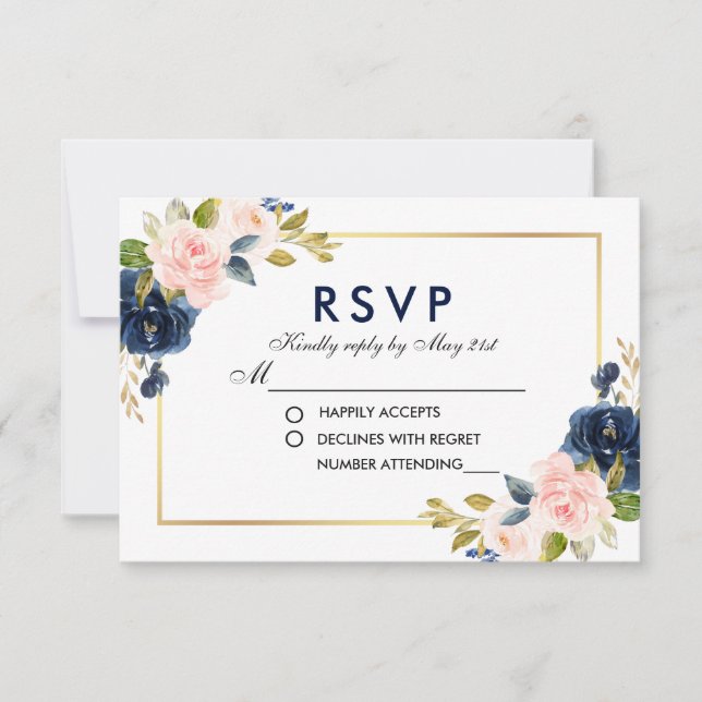 Boda floral azul rosa Rubor RSVP (Anverso)