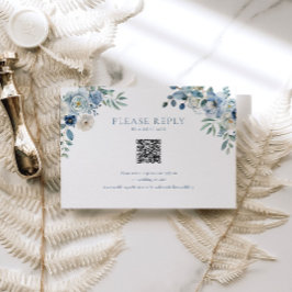 Boda floral azul RSVP QR Código Tarjeta de gabinet