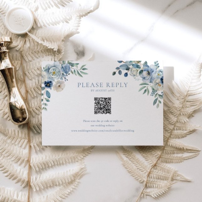 Boda floral azul RSVP QR Código Tarjeta de gabinet (Subido por el creador)
