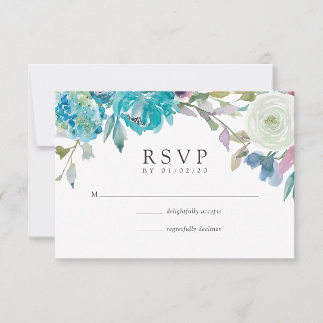 Boda floral azul turquesa y azul turquesa RSVP (Anverso)