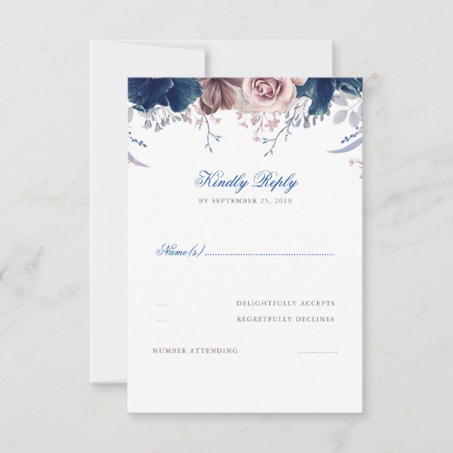 Boda floral azul y malva de la marina RSVP (Anverso)