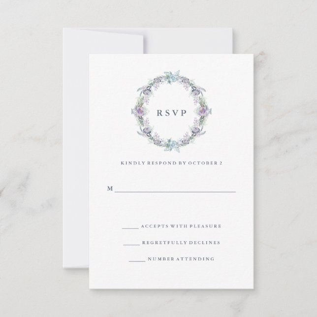 Boda floral azul y púrpura RSVP (Anverso)