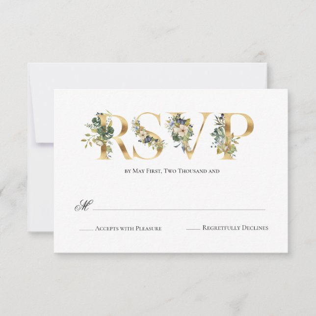 Boda floral azul y verde moderna RSVP (Anverso)