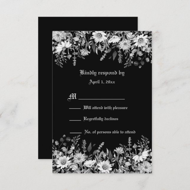 Boda floral blanca y negra RSVP (Anverso / Reverso)