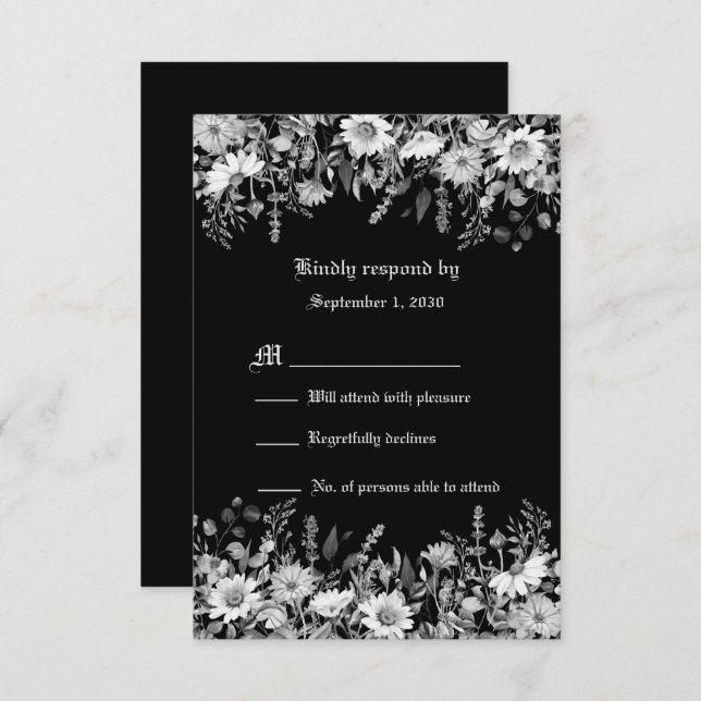 Boda floral blanca y negra RSVP (Anverso / Reverso)