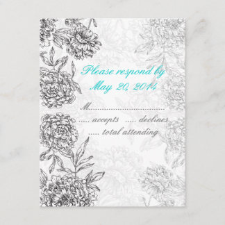 Boda floral blanca y negra Tarjeta RSVP Aqua Blue
