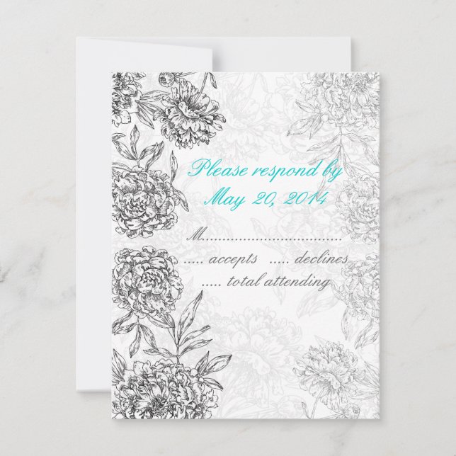 Boda floral blanca y negra Tarjeta RSVP Aqua Blue (Anverso)