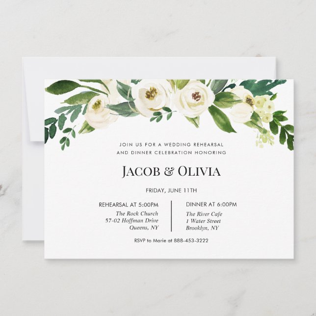 Boda Floral Blanco Invitación a la cena (Anverso)