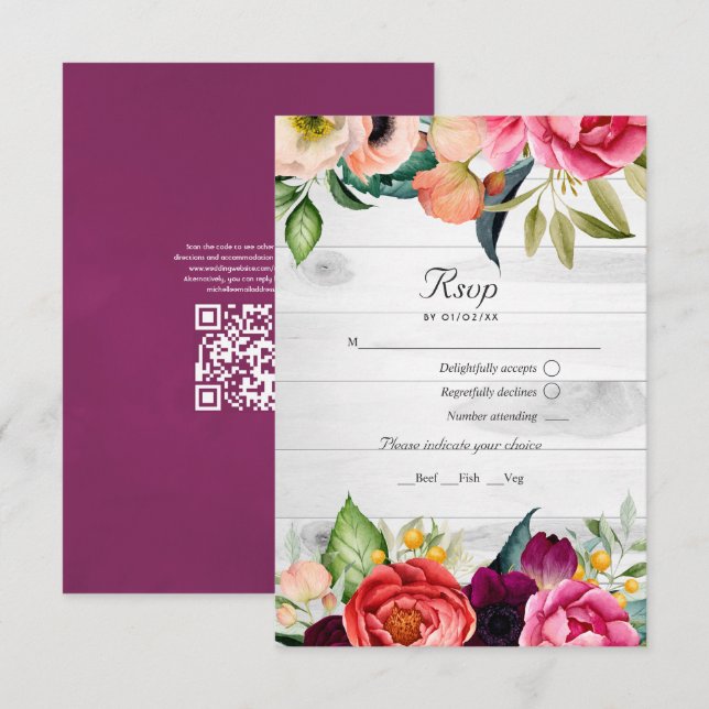 Boda Floral Bohemio Rústico con Código QR RSVP (Anverso / Reverso)