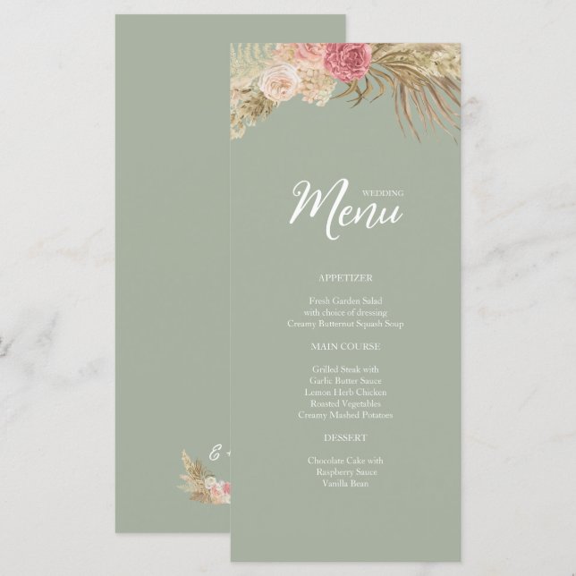 Boda floral Boho verde sabio Menú plano (Anverso / Reverso)