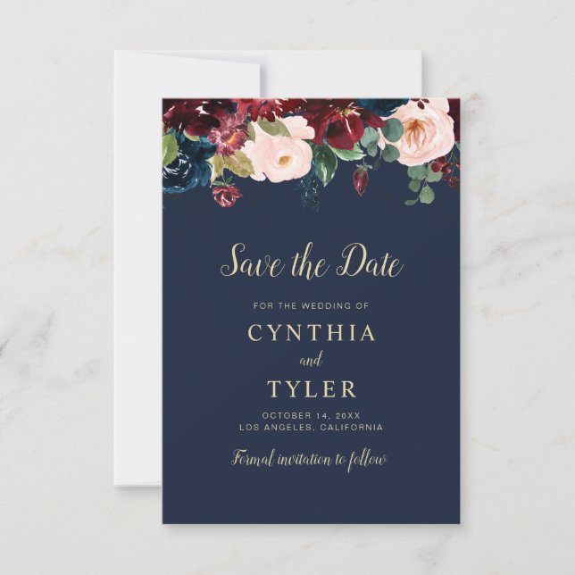 boda floral burdeos salva la tarjeta de fecha (Anverso)
