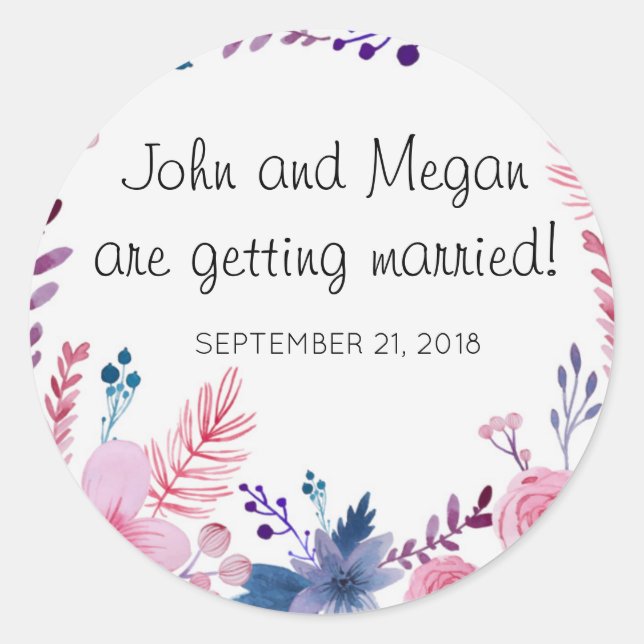 Boda floral cutáneo Pegatina redondo brillante clá (Anverso)