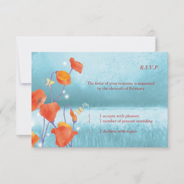 Boda floral de amapola roja y turquesa RSVP (Anverso)