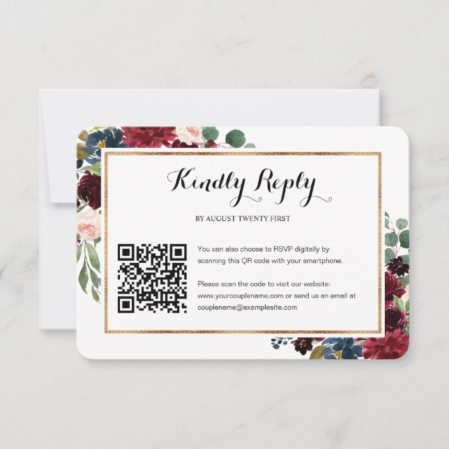Boda floral de Borgoña Código QR Foto Tarjeta RSVP (Anverso)