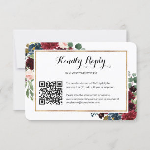 Boda floral de Borgoña Código QR Foto Tarjeta RSVP